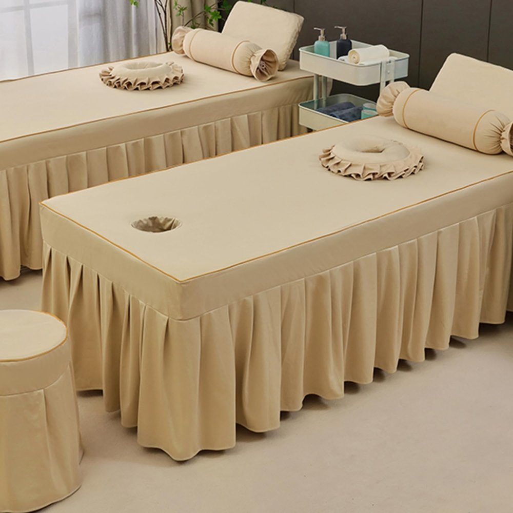 Beige,80 * 190cm(S),LDLCYCN Solid Color Massage Table Bed Skirt with Face Hole Spa Bed Cover with Skirt All-Round Wrap Massage Bed Cover Beauty Salon Massage Table Fitted Sheet Square Round Head