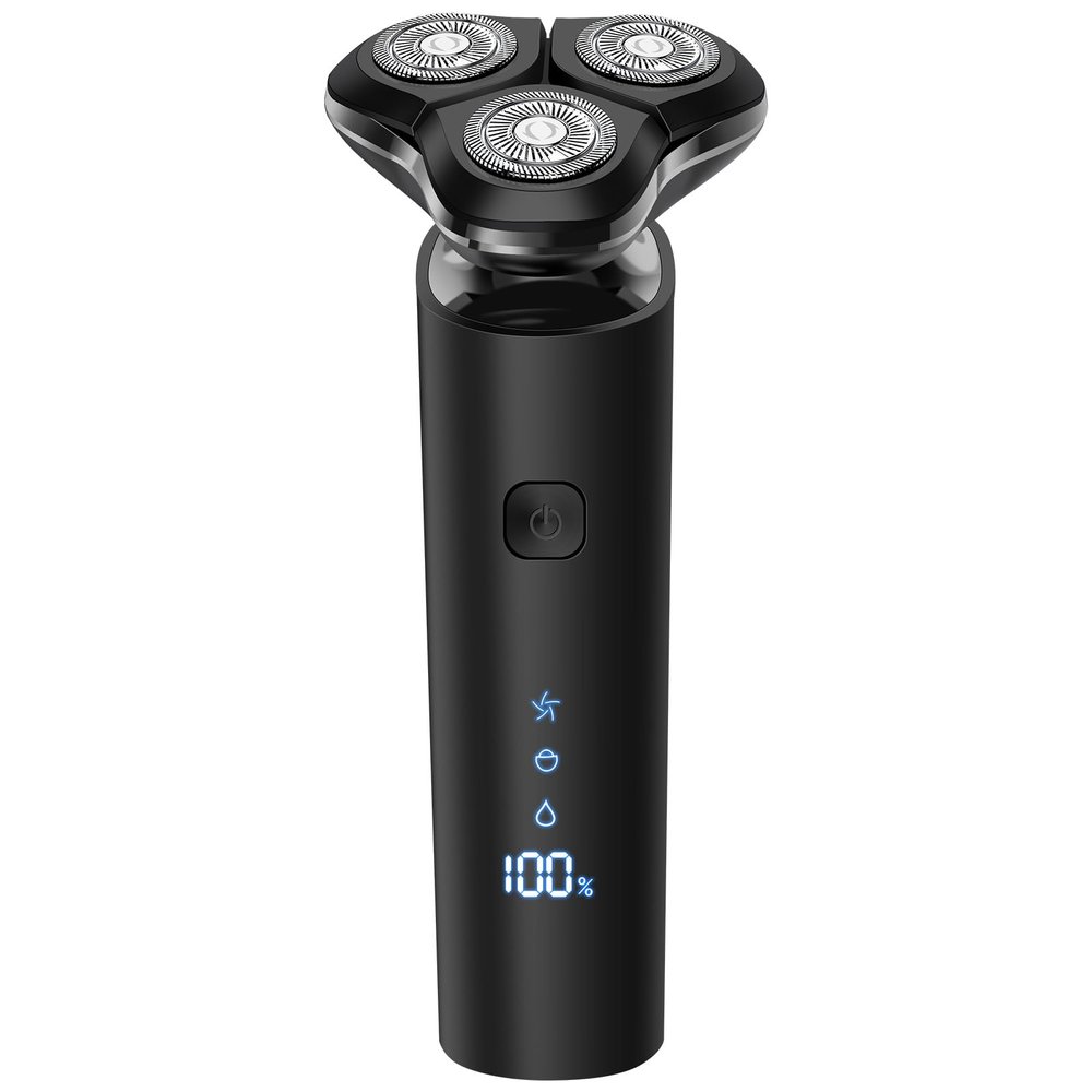 Black Electric Razor for Men with 3-Blade Rotary System, Touch Switch, LED Display, Travel Lock