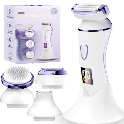 4 in 1 Electric Shaver for Women with Facial Brush, Electric Razor for Legs Underarm Pubic Hair, Bikini Trimmer IPX7 Portable Body Hair Removal, Wet & Dry Use, Rechargeable Grooming Kit, Light Purple