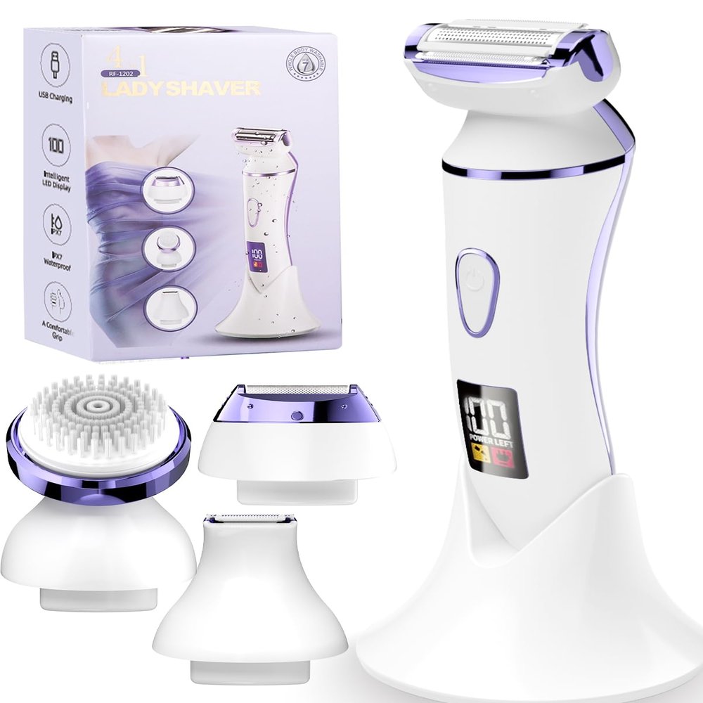 4 in 1 Electric Shaver for Women with Facial Brush, Electric Razor for Legs Underarm Pubic Hair, Bikini Trimmer IPX7 Portable Body Hair Removal, Wet & Dry Use, Rechargeable Grooming Kit, Light Purple
