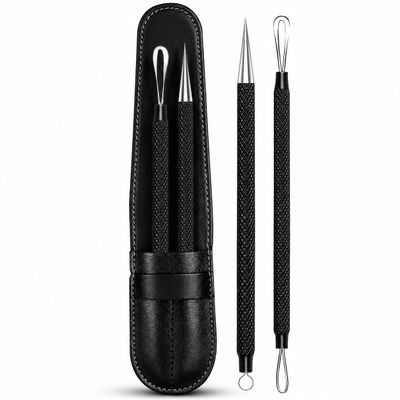 EFAH Care 2Pcs Stainless Steel Pimple Extractor Acne Treatment Tool Surgical Blemish Grade Blackhead Remover Perfect for face and Nose Easy to Clean (Black)