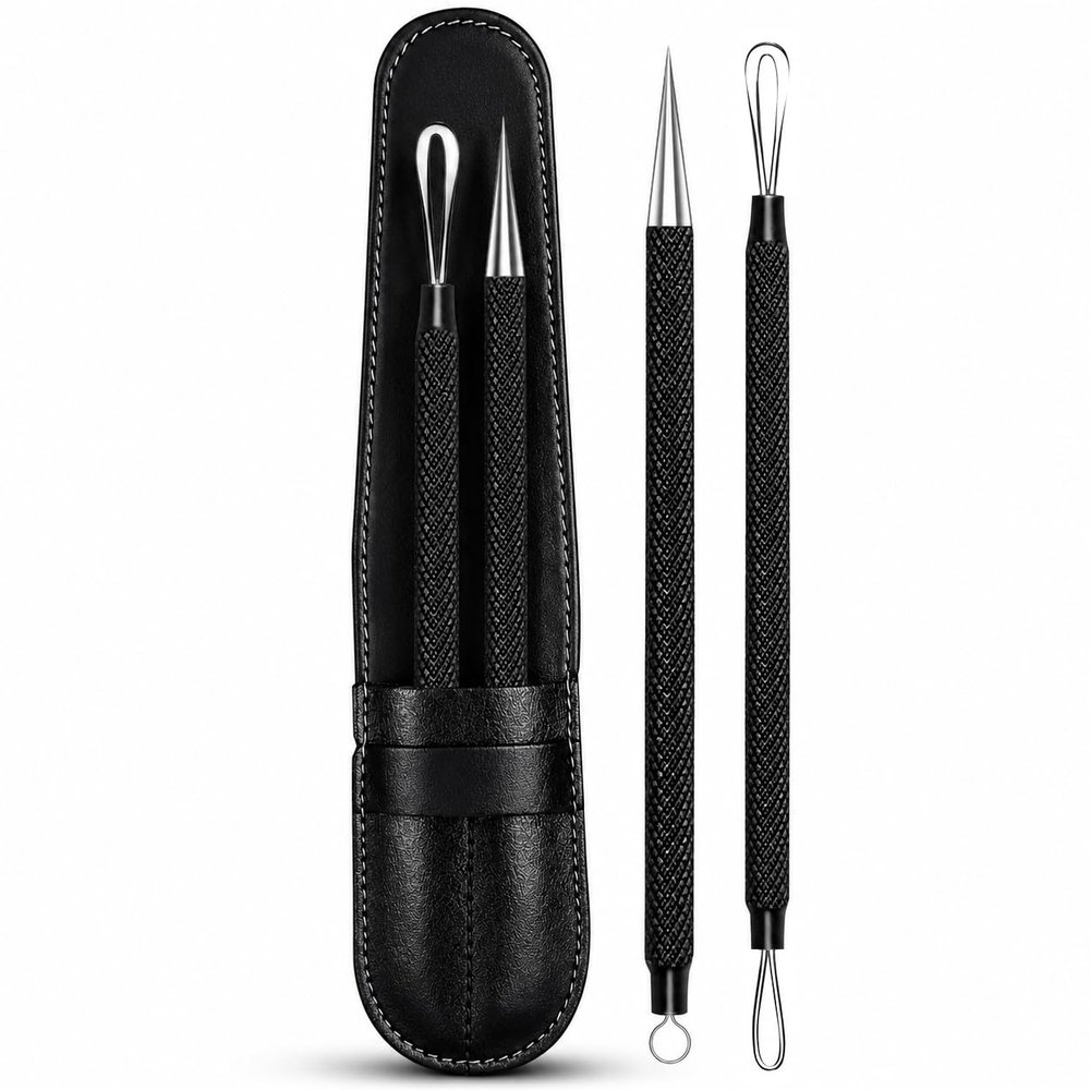 EFAH Care 2Pcs Stainless Steel Pimple Extractor Acne Treatment Tool Surgical Blemish Grade Blackhead Remover Perfect for face and Nose Easy to Clean (Black)