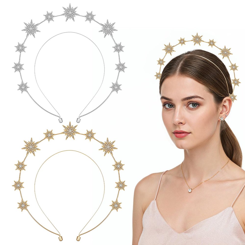 guduling 2 Pcs Star Crown,Star Headband,2 Color Sun Crown,Glitter Bridal Hair Band Headpiece Accessories for Women Bridal Wedding Costume Cosplay Accessories(Gold,Silver)
