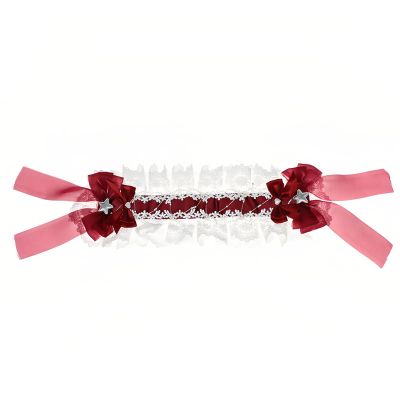 werdecade Lolita Headband with Bow, 15'' Lace Hair Band for Women, Sweet Maid Hair Accessory with Hair Clip (red, 15 inch)