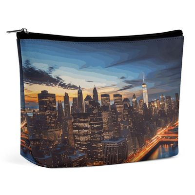 New York City Scenery Makeup Bag for Women Travel - Waterproof Leather Cosmetic Bag Mini Cosmetic Organizer Pouch with Zipper, Portable Toiletry Bag for Purse, Gifts