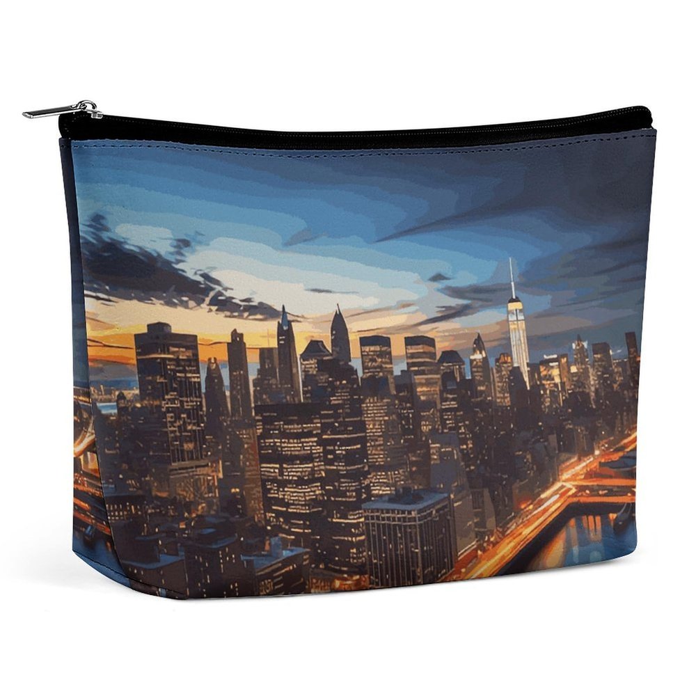 New York City Scenery Makeup Bag for Women Travel - Waterproof Leather Cosmetic Bag Mini Cosmetic Organizer Pouch with Zipper, Portable Toiletry Bag for Purse, Gifts