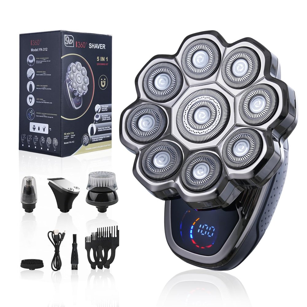 2025 New 9D Head Shavers for Bald Men, 5-in-1 Electric Razor Bawldy 9.0 Floating Pro Ultra Groomie Shaver IPX6 Waterproof with LCD Display Type-C Rechargeable Wet Dry Use Grooming Kit