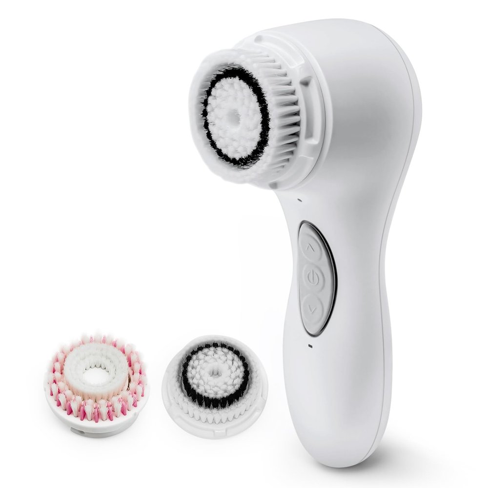Aria Sonic Facial Cleansing System with 2 Brush Heads, 3-Speed Modes, Waterproof Design - Rechargeable & Portable Electric Face Cleansing Brush for Daily Skincare (White)