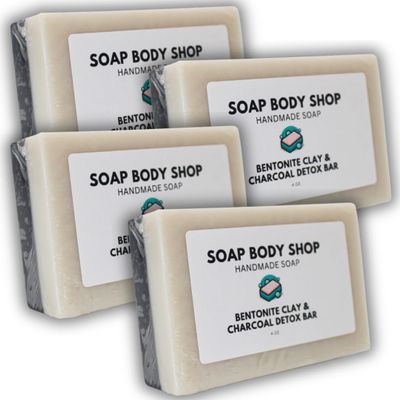 4-Pack Bentonite Clay & Activated Charcoal Detox Soap Bars  Handmade Natural Face & Body Soap with Lavender & Eucalyptus Essential Oils and Grapeseed Oil  Gentle Cleansing & Refreshing, 4 oz Each