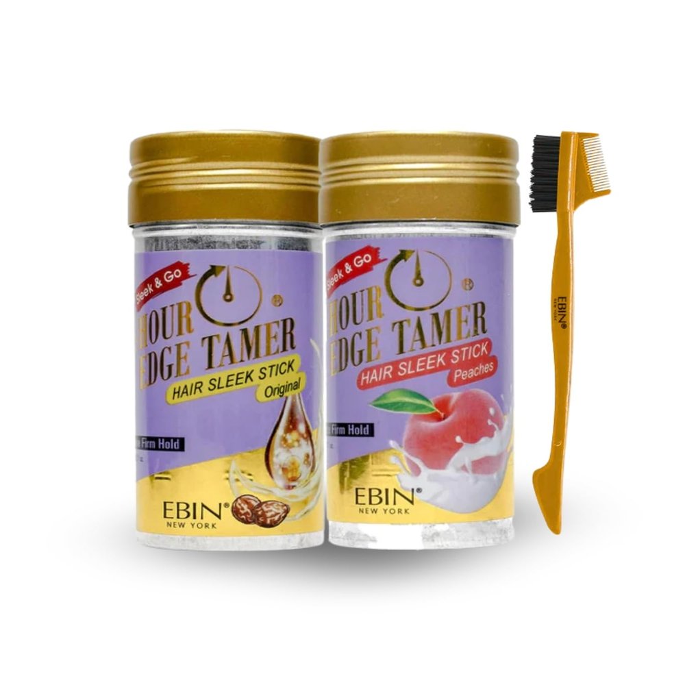 Hair Wax Stick 24 Hour Edge Tamer Sleek Hair Wax Stick - Original (2.7oz) and Peaches (2.7oz) Bundle with 24hour Edge Tamer 3-IN-1 Brush & Comb Long-Lasting Hold & Frizz Control Gift Set (3 Items)
