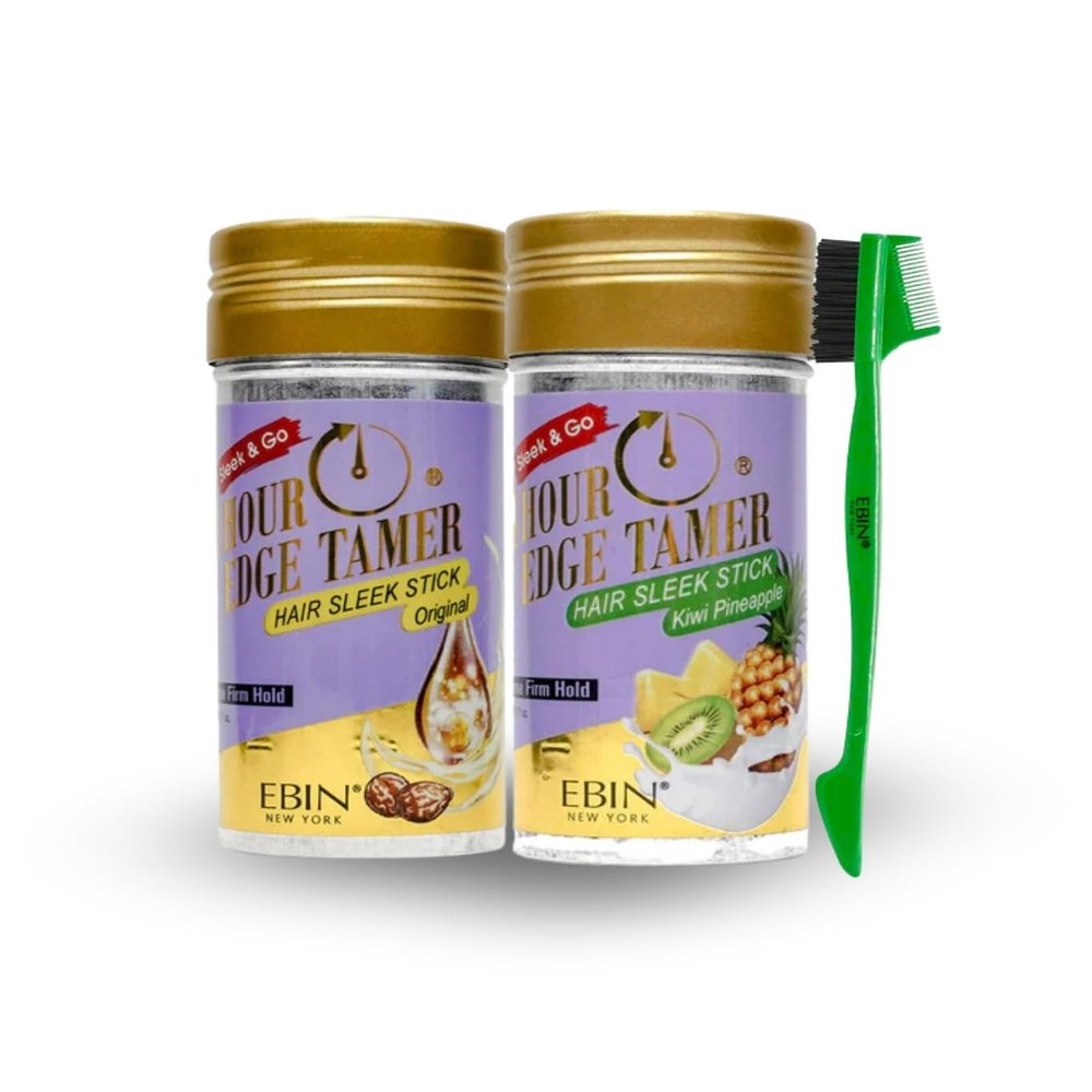 Hair Wax Stick  24 Hour Edge Tamer Sleek Hair Wax Stick - Original (2.7oz) and Kiwi Pineapple (2.7oz) Bundle with 24hour Edge Tamer 3-IN-1 Brush & Comb  Smooth Sleek Styling Set  Gift Set (3 Items)
