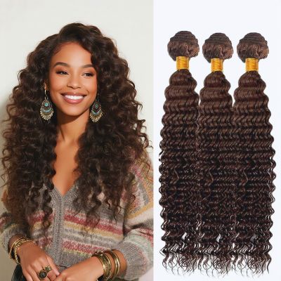Dark Brown Human Hair Bundles Color 4 Deep Wave 14 16 18 Inch Brazilian Virgin Double Weft Chocolate Brown Hair Extensions Soft Smooth Bouncy for Black Women
