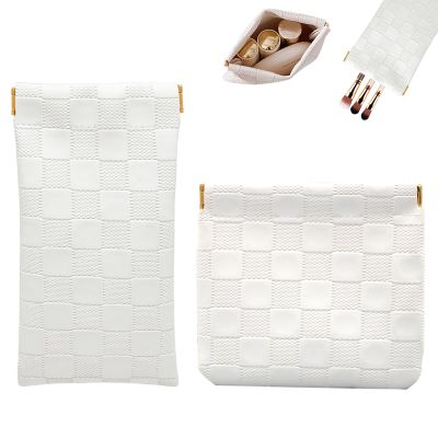 2PCS Small Makeup Bag for Purse, Mini Leather Pocket Cosmetic Bag for Women, Waterproof Portable Makeup Pouch No Zipper Coin Purse Lipstick Bag Accessories, Checkered Travel Storage Bag (White)