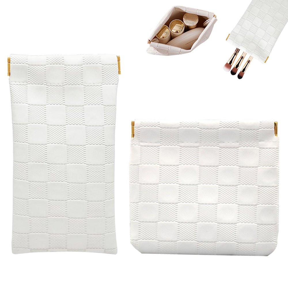 2PCS Small Makeup Bag for Purse, Mini Leather Pocket Cosmetic Bag for Women, Waterproof Portable Makeup Pouch No Zipper Coin Purse Lipstick Bag Accessories, Checkered Travel Storage Bag (White)