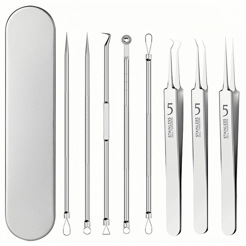 8-Piece Blackhead Remover Tool Kit - Professional Pimple Popper Extractor Set for Acne, Comedones, Whiteheads & Blemishes - Stainless Steel with Metal Case