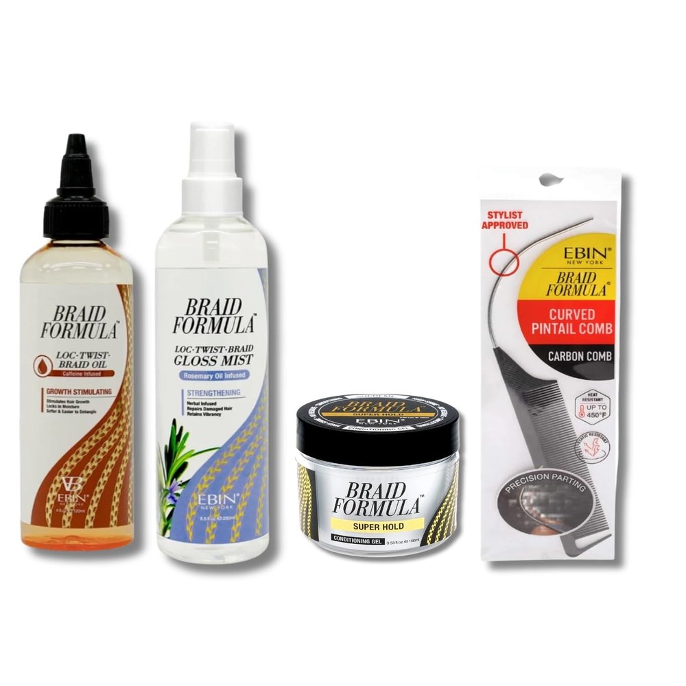 EBIN NEW YORK Loc Oil & Braid Spray  Braid Formula Loc. Twist. Braided Hair Oil 4 oz Bundle with Gloss Mist 8 oz + Super Hold Conditioning Gel 3.53oz + Curved Pintail Comb Gift Set (4 Items)