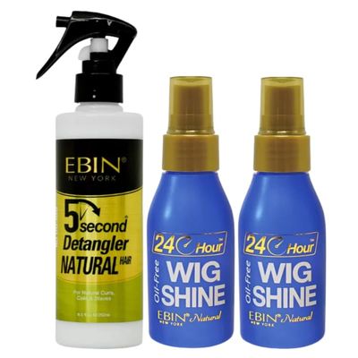 2X 24 Hour Wig Shine Spray - 2oz + 5 Second Argan Oil Natural Detangler - 8.5oz by EBIN New York  Lightweight Wig Spray and Hair Detangler for Knots, Shine, and Moisture  Gift Set (3 Items)