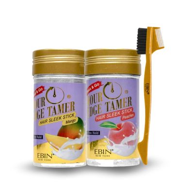 EBIN NEW YORK Hair Wax Stick  24 Hour Edge Tamer Sleek Hair Wax Stick - Mango (2.7oz) and Peaches (2.7oz) Bundle with 24hour Edge Tamer 3-IN-1 Brush & Comb  Smooth Styling Set  Gift Set (3 Items)