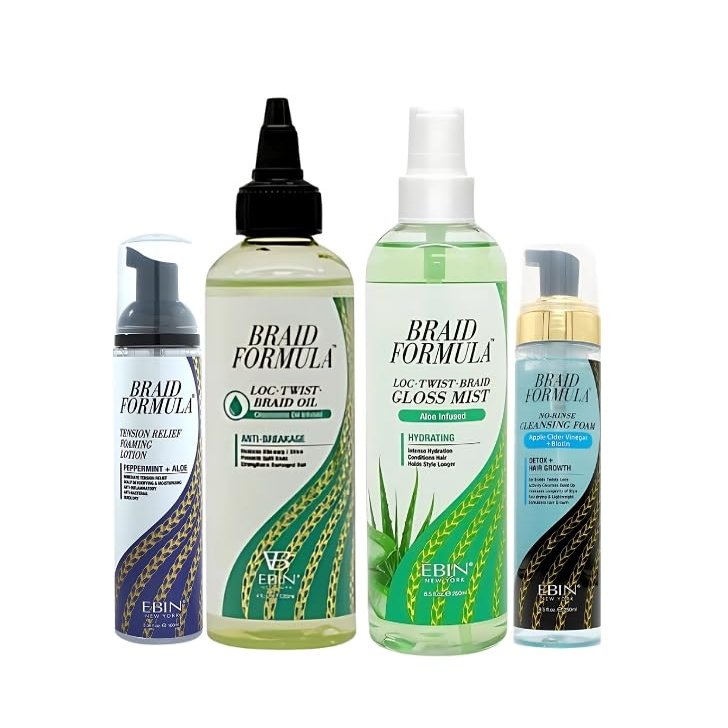 EBIN NEW YORK BRAID FORMULA LOC. TWIST. BRAID OIL 120mL Anti-Breakage, GLOSS MIST  Hydrating 250mL Bundle with No-Rinse Cleansing Foam 250mL and Peppermint Foaming Lotion Gift Set (4 Items)