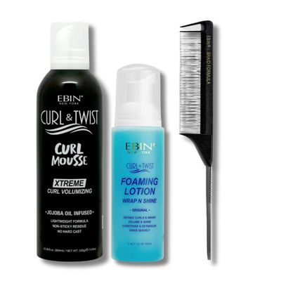 EBIN NEW YORK Curly Hair Mousse  Curl & Twist Curl Mousse Volumizing 12.49 oz Bundle with Original Foaming Lotion 3.38 oz & Pintail Parting Comb Defines, Holds & Styles  Gift Set (3 Items)