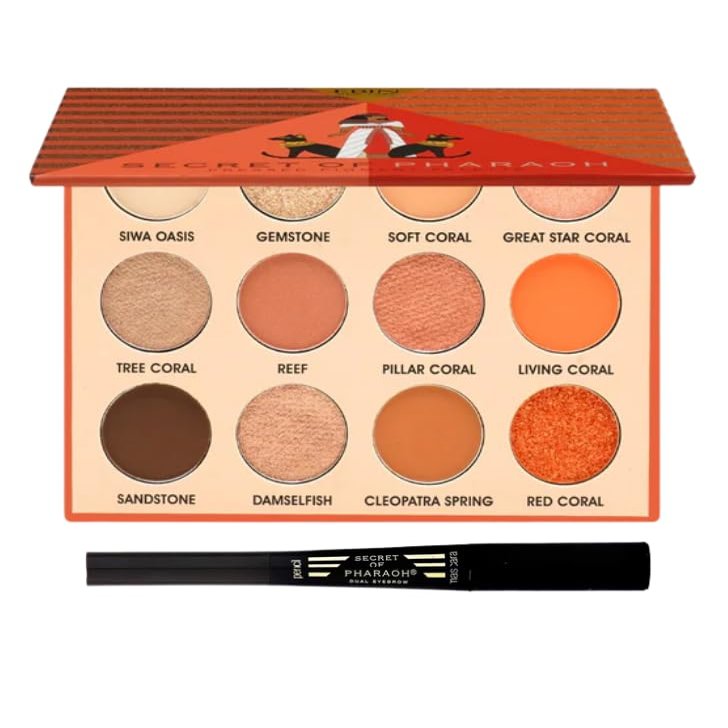 EBIN NEW YORK Eyebrow Pencils For Women Coral Oasis Eyeshadow Palette Bundle With 1x Secret Of Pharaoh Dual Eyebrow Natural Black Matte & Shimmer Shadows Gift Set (2 Items)