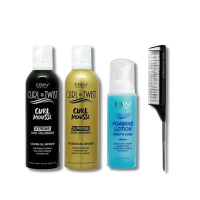 EBIN NEW YORK Curly Hair Mousse  Curl & Twist Curl Mousse Volumizing 12.49 oz Bundle with Defining Mouse 12.49 oz + Foaming Lotion 3.38oz + Pintail Comb Hydrates & Styles  Gift Set (4 Items)