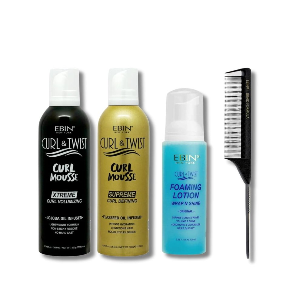 EBIN NEW YORK Curly Hair Mousse  Curl & Twist Curl Mousse Volumizing 12.49 oz Bundle with Defining Mouse 12.49 oz + Foaming Lotion 3.38oz + Pintail Comb Hydrates & Styles  Gift Set (4 Items)