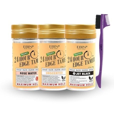 Hair Wax StickVegan Hair Sleek Stick Rose Water, Unscented, and Colored Dark Brown (2.7oz each) Bundle with 24hour Edge Tamer 3-IN-1 Brush & CombEdge Control & Styling Support Gift Set (4 Items)