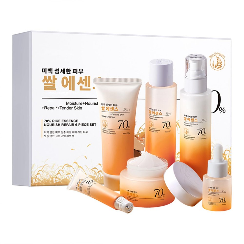 70% Rice Essence 6-Piece Nourishing Skincare Set, Korean Rice Water Face Wash, Toner, Serum, Eye Cream, Moisturizing Lotion, Deep Moisture Face Cream for All Skin Types