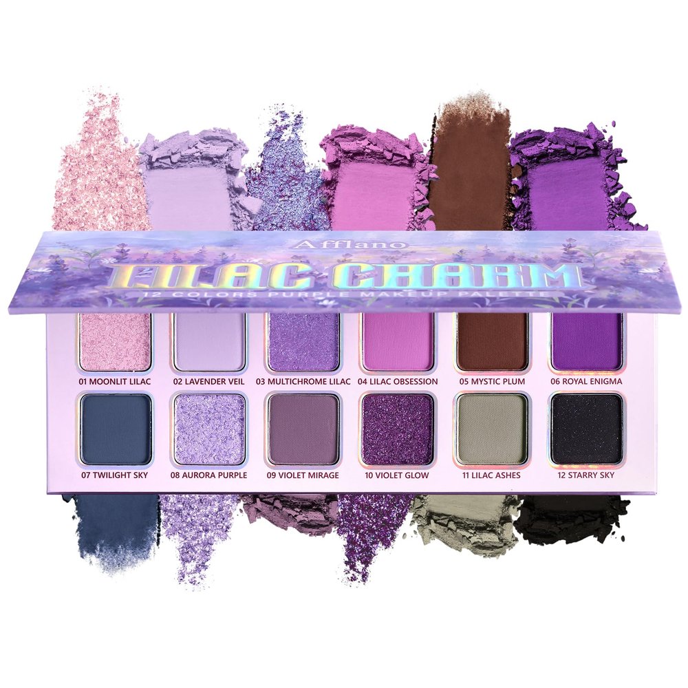 Purple Eyeshadow Palette, 12 Shades Lavender Purple Glitter EyeMakeup Pallet Smokey Neutral Silky Blendable Cream Eye Shadow for Older Women MatteMatellic Pink Compact for Cosplay Halloween Witch Look