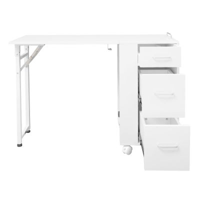 GUIAFUHYE 3-Tier Storage Drawers Nail Art Desk, Beauty Salon Station, Rolling Manicure Table with Foldable Top and 4 Lockable Wheels, Mobile Makeup Tables for Small Spaces (White)