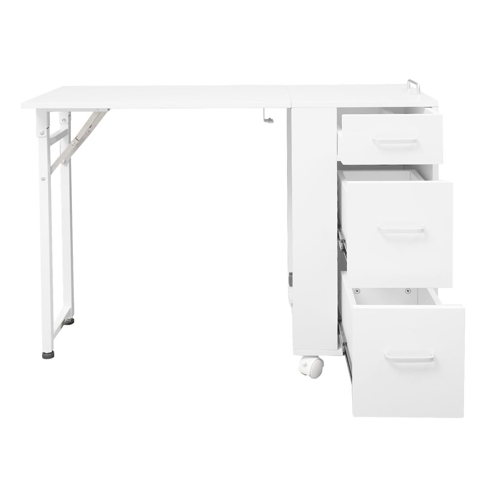 GUIAFUHYE 3-Tier Storage Drawers Nail Art Desk, Beauty Salon Station, Rolling Manicure Table with Foldable Top and 4 Lockable Wheels, Mobile Makeup Tables for Small Spaces (White)