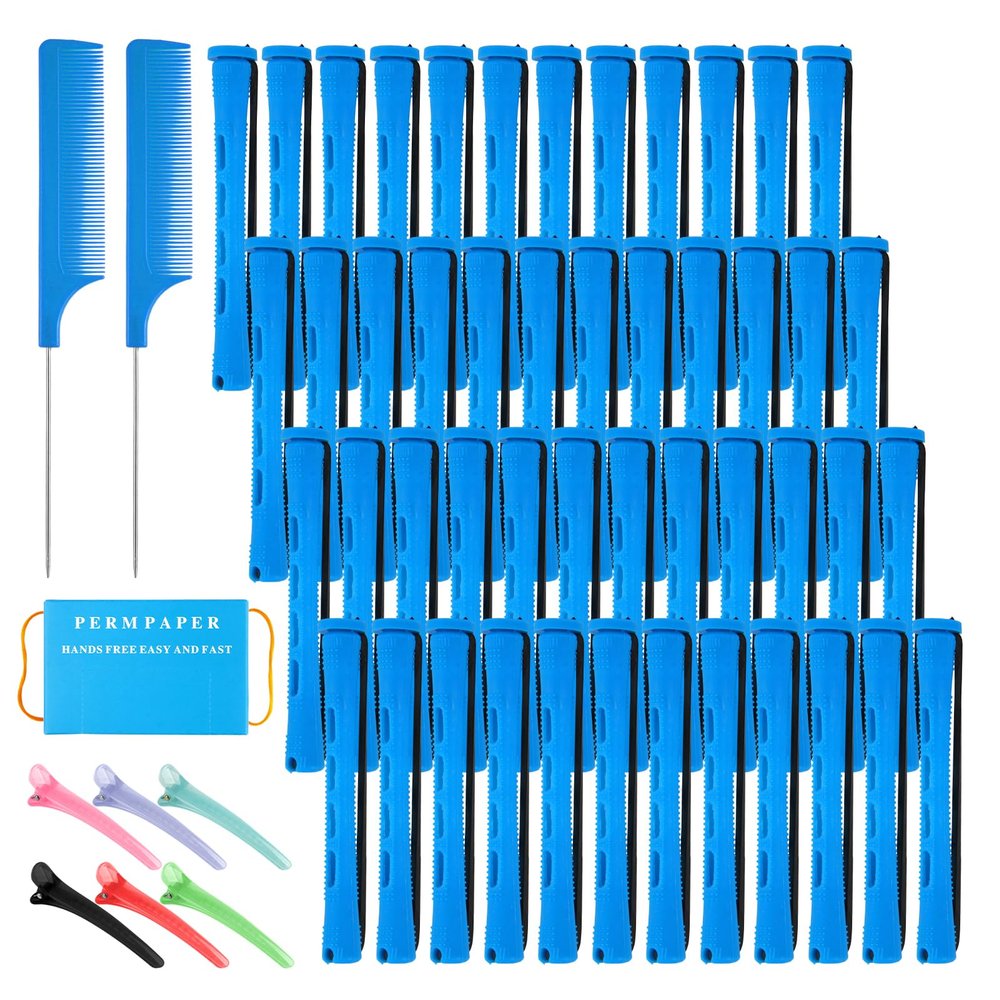 48 Pcs Small Perm Rods Set,Blue Plastic Small Rods for Hair,Women Perm Rod for Short Hair with 6 Hairs Clips,2 Combs 1 Box Permpaper,for Cold Wave Perming and Hairdressing Styling Essential Tools