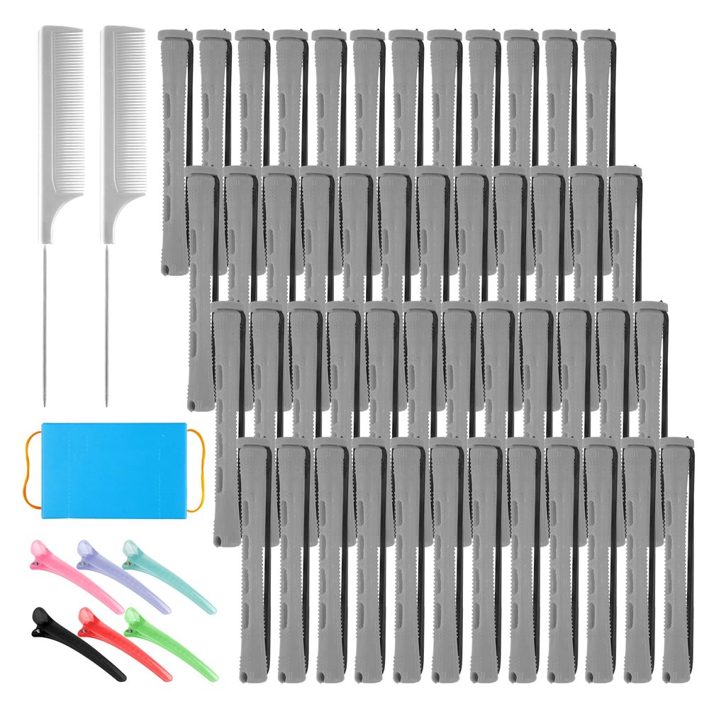 48 Pcs Small Perm Rods Set,Grey Plastic Small Rods for Hair,Women Perm Rod for Short Hair with 6 Hairs Clips,2 Combs 1 Box Permpaper,for Cold Wave Perming and Hairdressing Styling Essential Tools