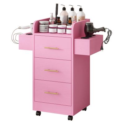 Beauty Salon Station for Hair Stylist, Salon Station Storage Cabinet with Wheels & Pink Gold Handle, Rolling Beauty Station with 3 Drawers & 6 Hair Dryer Holders, Pink