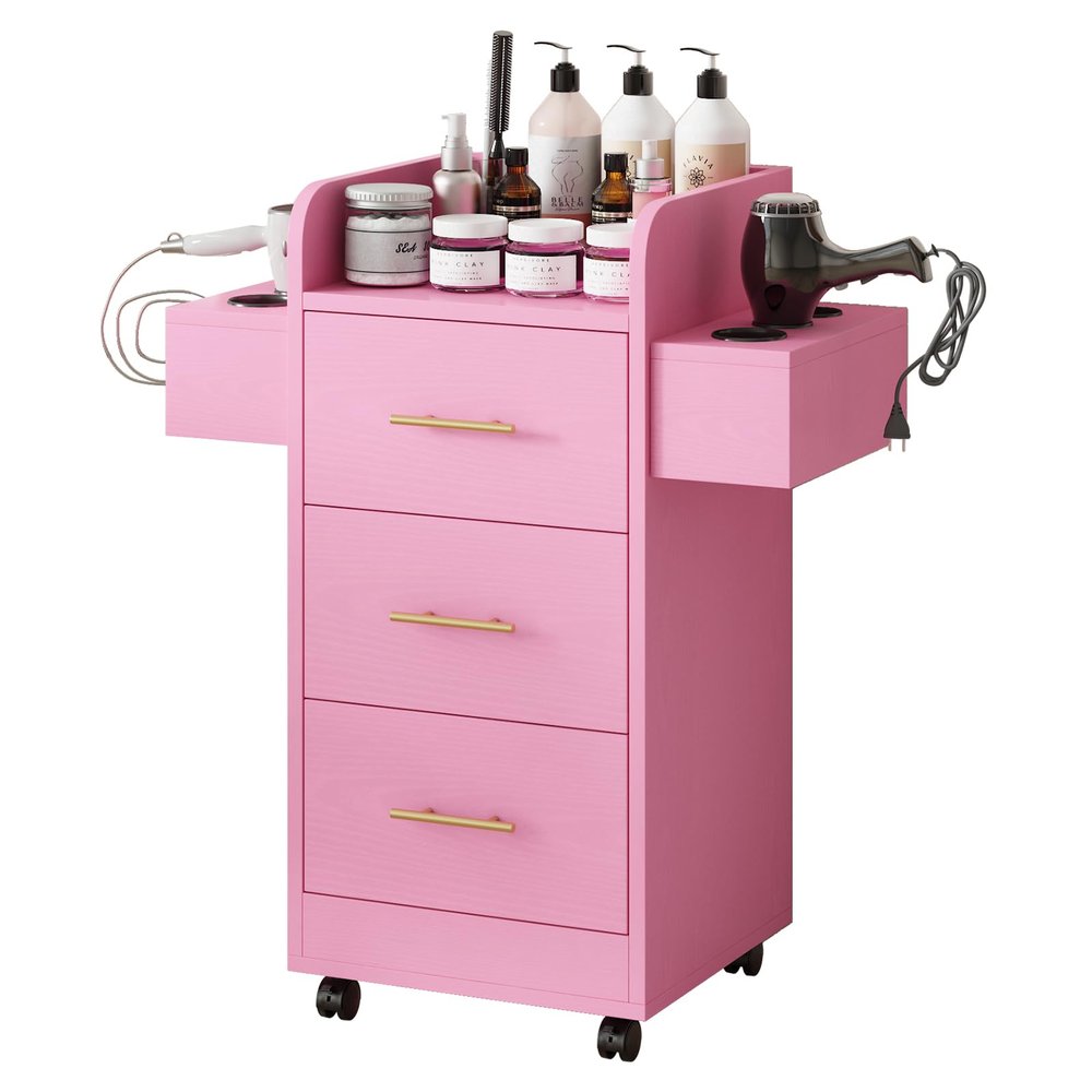 Beauty Salon Station for Hair Stylist, Salon Station Storage Cabinet with Wheels & Pink Gold Handle, Rolling Beauty Station with 3 Drawers & 6 Hair Dryer Holders, Pink