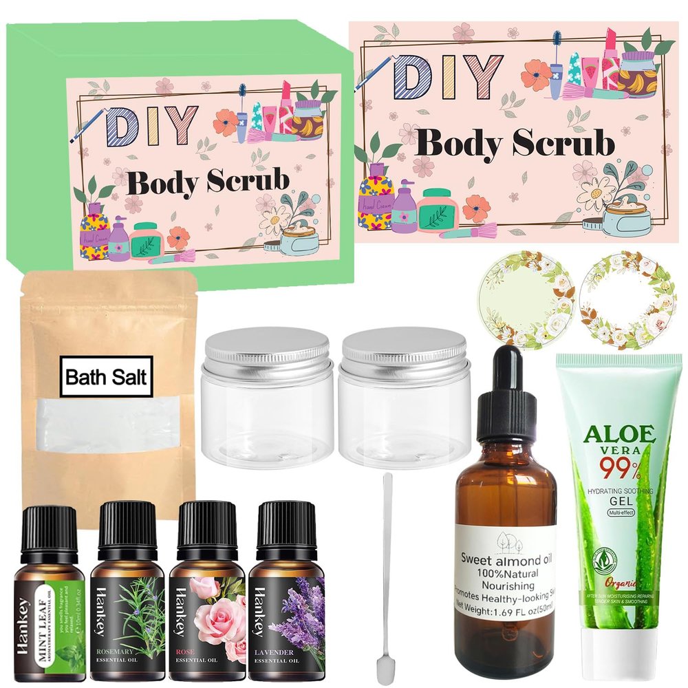 DINGTU Body Scrub Making Kit- Make Your Own Salt Body Scrub with Almond Oil, Essential Oils, Moisturizing and Exfoliating Dry Skin, Hand, Foot, DIY Organic Body Scrubs Gifts For Women & Men