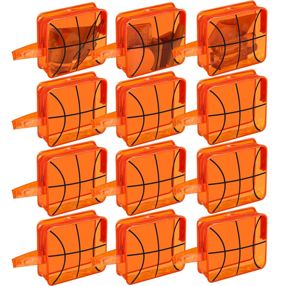 12 Pcs Basketball Clear Makeup Bag Cosmetic Snack Bag with Zipper Handle PVC Pouch Waterproof Travel Toiletry Handbag Accessories for Woman Friends Basketball Birthday 2026 Senior Night Team Gift
