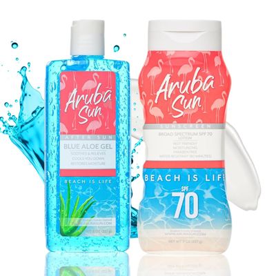 SPF 70 Sunscreen Lotion & After Sun Aloe Vera Gel Bundle | Reef Safe, Water-Resistant, Non-Greasy, Broad Spectrum UVA/UVB Protection & Sunburn Relief | 8 oz Each