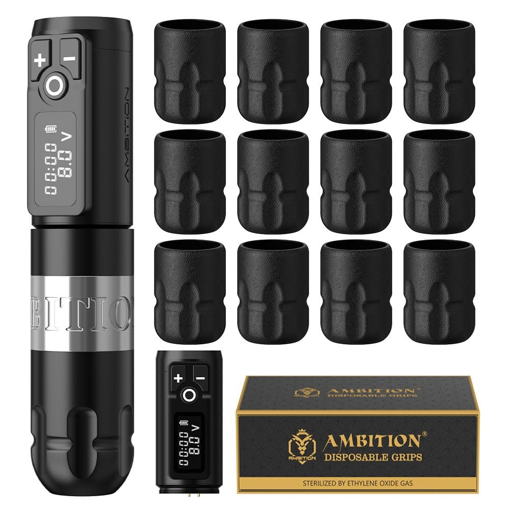 Ambition Soldier Rotary Tattoo Gun Kit Tattoo Cartridge Machine Pen with 12pcs 38mm Disposable Silicone Tattoo Grips