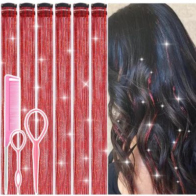 Hair Tinsel Clip in Red Fairy Hair Tinsel Kit, 12 Pcs 24 Inch Glitter Clip in Hair Extensions for Girls Women Kids Christmas New Year Festival Party (Red)