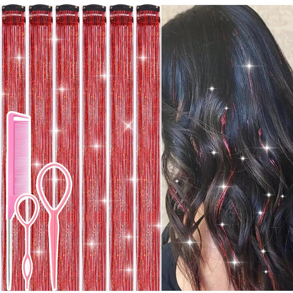 Hair Tinsel Clip in Red Fairy Hair Tinsel Kit, 12 Pcs 24 Inch Glitter Clip in Hair Extensions for Girls Women Kids Christmas New Year Festival Party (Red)