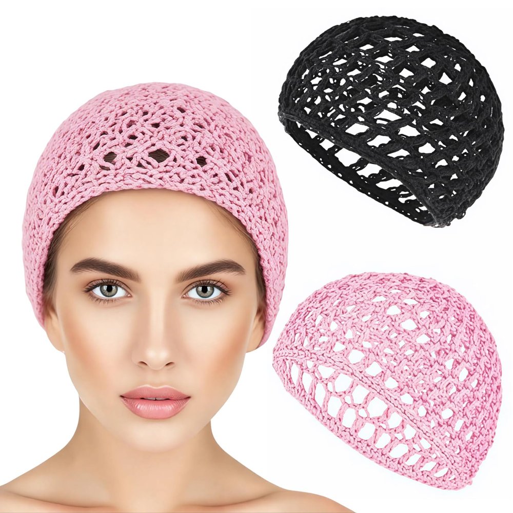 2Pcs Mesh Crochet Hair Net Sleep Hair Wrap for Women, Hair Wrap,Lift Strap Weaving Sew For Women Ballet,Curly Hair & Wig Protection,Soft Reusable Bonnets,Black and Pink
