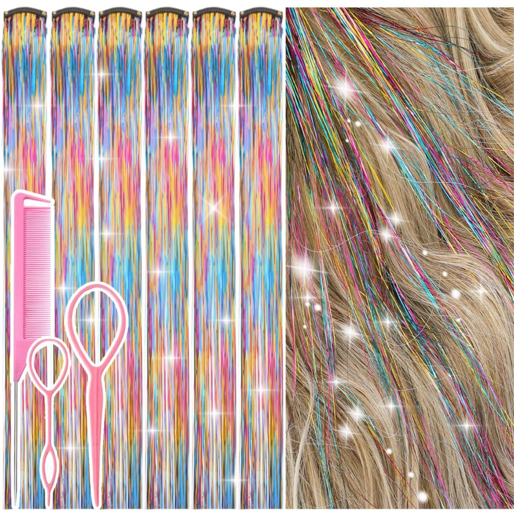 Hair Tinsel Clip in Rainbow Fairy Hair Tinsel Kit, 12 Pcs 24 Inch Glitter Clip in Hair Extensions for Girls Women Kids Christmas New Year Festival Party (Rainbow)