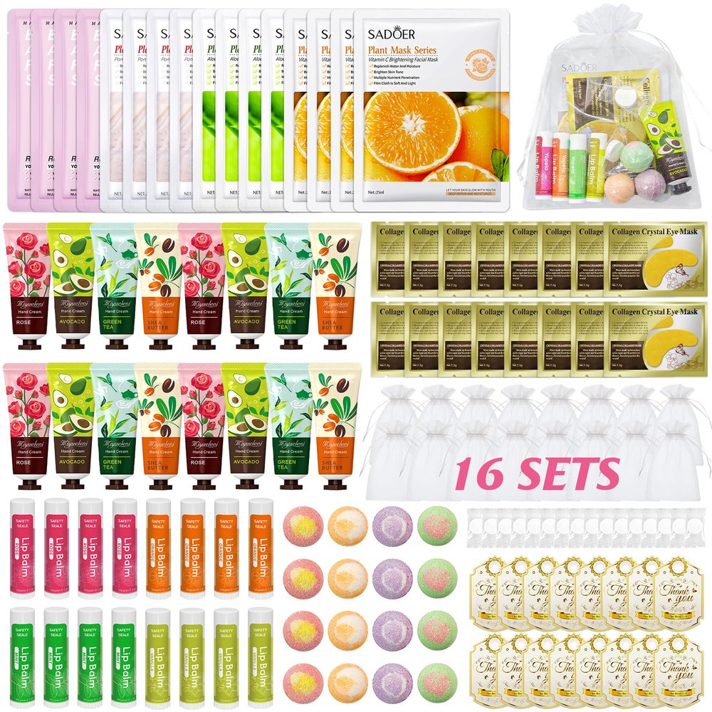 128 PCS Spa Party Supplies for Women, Spa Kit Include Lip Balm,Facial Masks, Hand Cream, Under Eye Patches, Compressed Towel, Foot Bath Bombs, Ideal for Gift Giving,sleepover party supplies for girls
