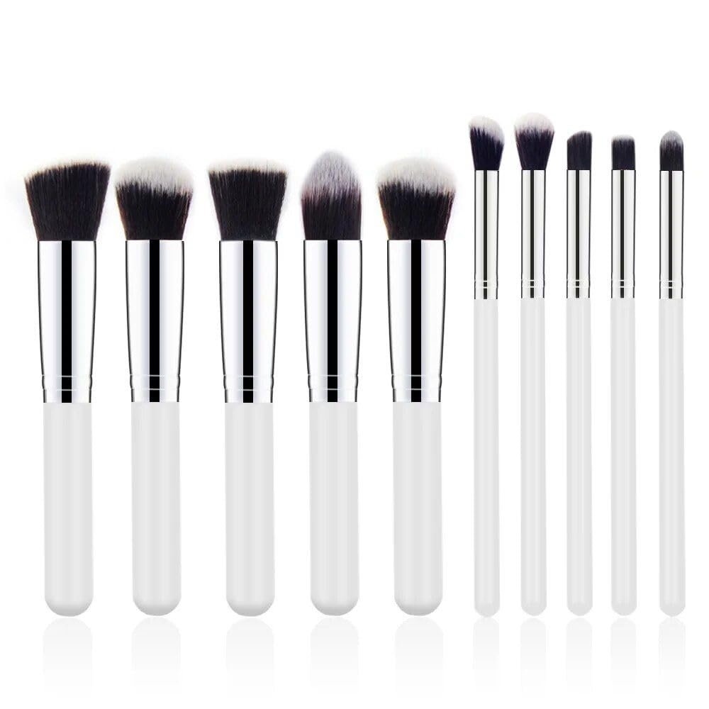 10-Piece Premium Makeup Brush Set White Silver