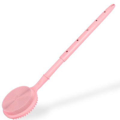 Back Scrubber for Shower, (16-24 Inch) Extendable Bath Brush Long Handle for Shower, Silicone Body Scrubber with Handle, Back Brush for Shower Men and Women,Easy to Clean (Pink)