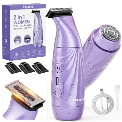 Kapopop New Upgrade Painless 2-in-1 Bikini Trimmer for Women,Electric Shaver & Razor with Dual Heads for Body Pubic Underarm & Facial Hair,IPX7 Waterproof Wet & Dry,Rechargeable Cordless Lady Trimmer
