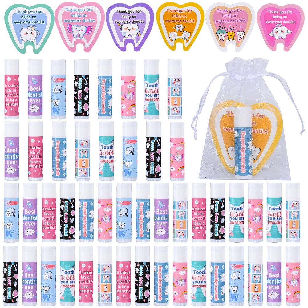 48 Pcs Dentist Gifts Include Lip Balm Thank You Tag Organza Bag Dental Gift for Dental Hygienist Dental Assistant Nurse Suitable Birthday Christmas Thanksgiving Gifts