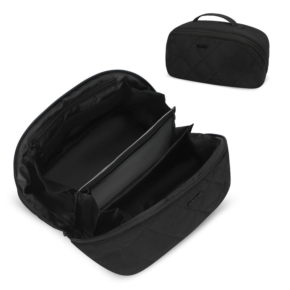 Hynes Eagle Travel Makeup Bag for Women Puffy Cosmetic Organizer Pouch Open Flat Toiletry Bag for Toiletries, Brushes Black